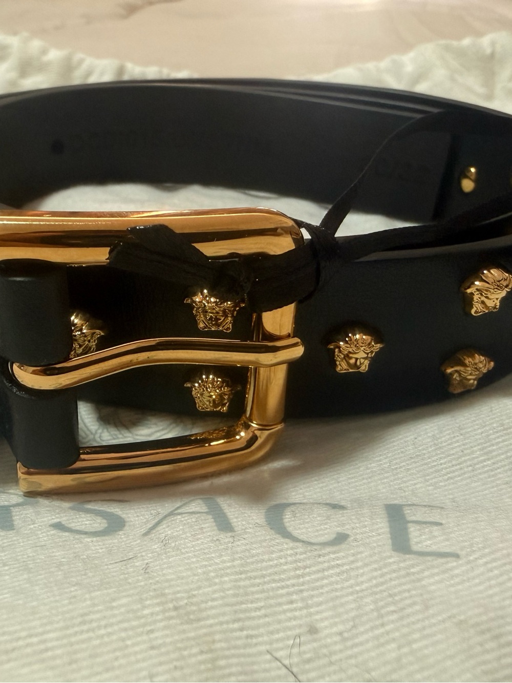 Versace Black Leather Belt with Gold Medusa Studs and Buckle